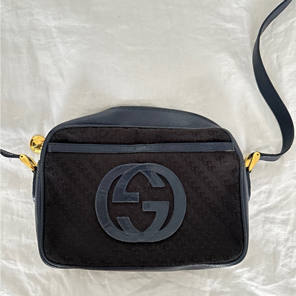 Vintage 1990s Gucci Navy Canvas and Leather Disco Bag, with gold hardware